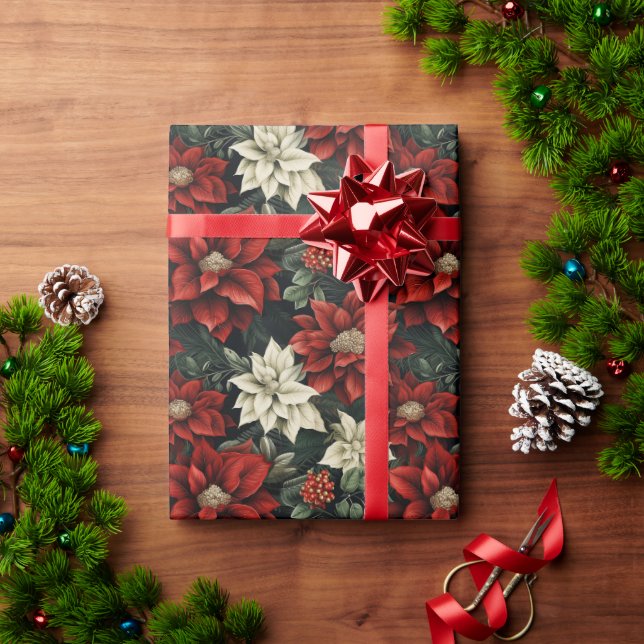 Papier Cadeau Belle Poinsettia rouge blanc et verte (Cadeau de vacances)