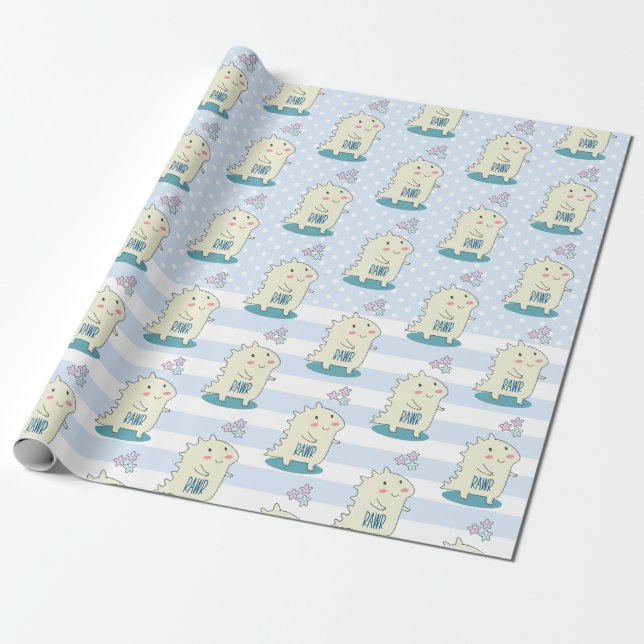 Papier Cadeau Belle Rawr Dinosaure Jaune avec Motif Happy Stars (Déroulé)
