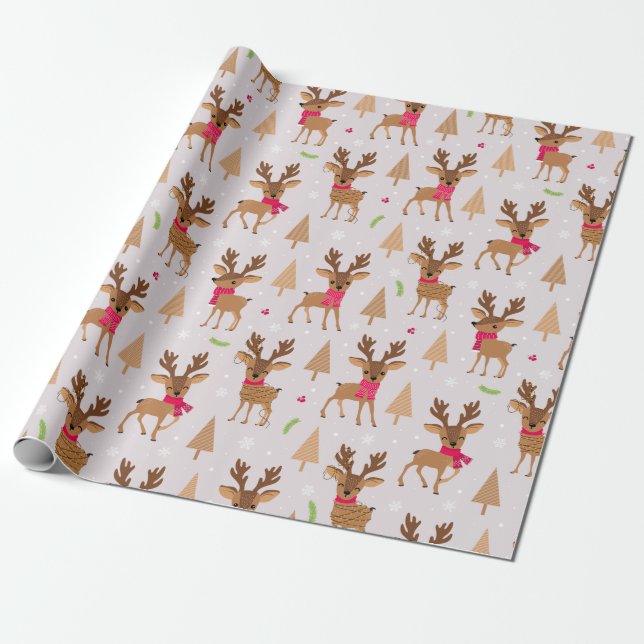 Papier Cadeau Belle renne en Écharpes et Noël clair (Déroulé)