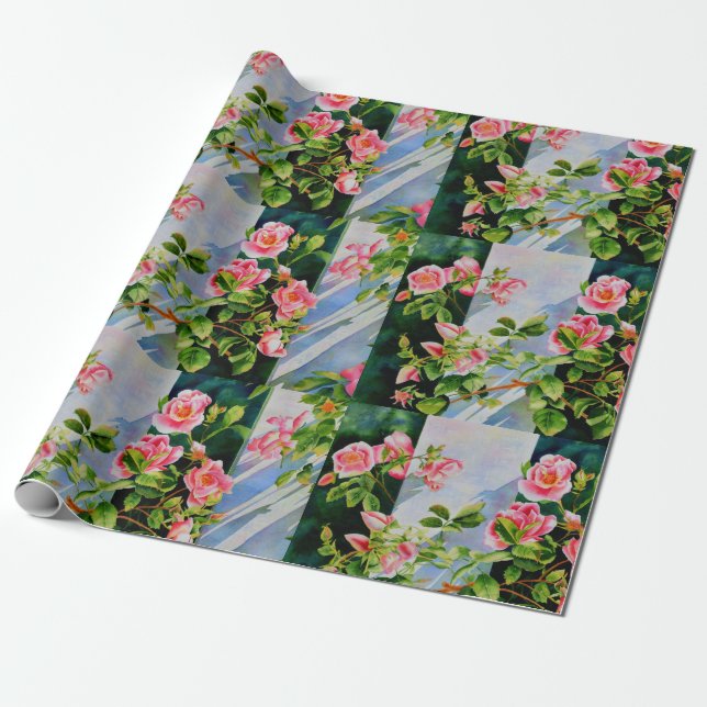 Papier Cadeau Belle rose rose rouge roses blanc aquarelle floral (Déroulé)