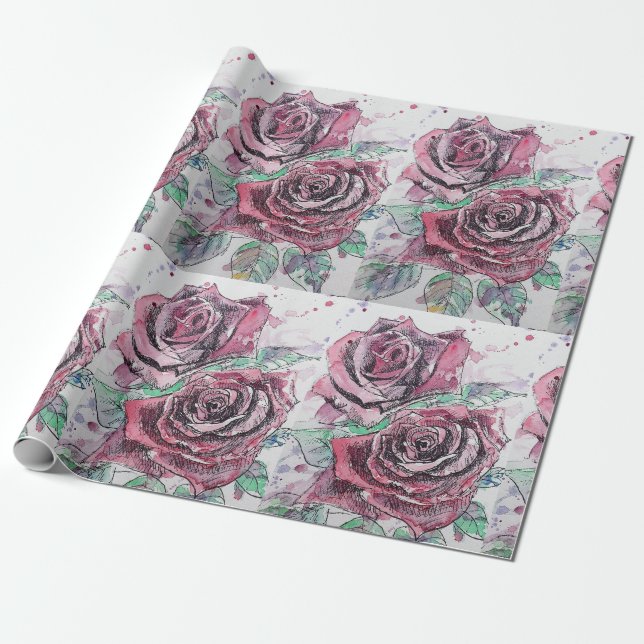 Papier Cadeau Belle rose rouge et encre aquarelle peinture (Déroulé)