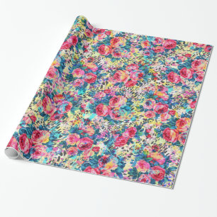 Papier Cadeau Belle rose vintage aquarelle fleurie léopard