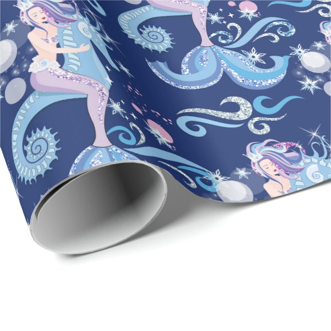 Papier Cadeau Belle sirène montant une eau du fond d'hippocampe (Coin rond)