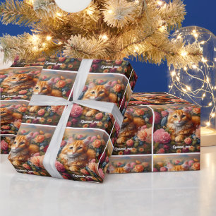 Papier Cadeau Belle Tabby Chat Orange et Fleurs