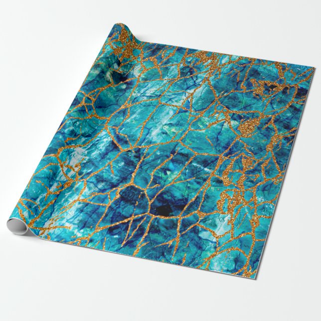 Papier Cadeau Belle texture luxueuse de marbre bleu avec or. (Déroulé)
