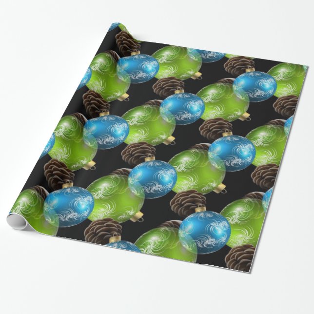 Papier Cadeau Belles boules de Noël bleu et vert (Déroulé)
