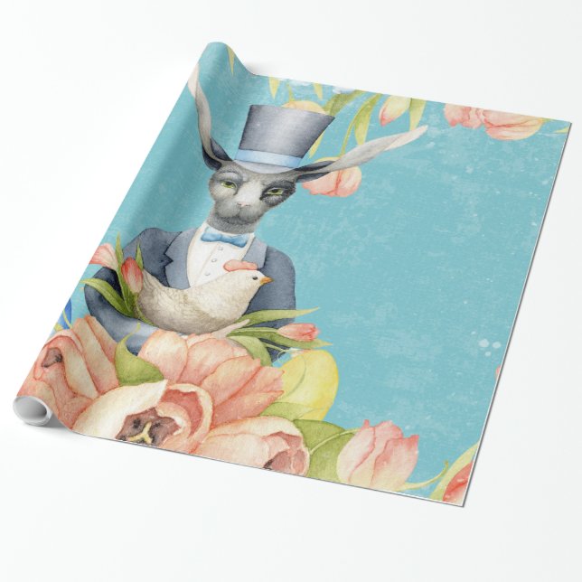 Papier Cadeau Belles fleurs florales Animaux Lapin de Pâques (Déroulé)