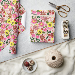 Papier Cadeau Belles fleurs florales roses