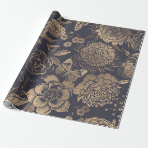 Papier Cadeau Belles pivoines de fleurs, roses et papillons. 