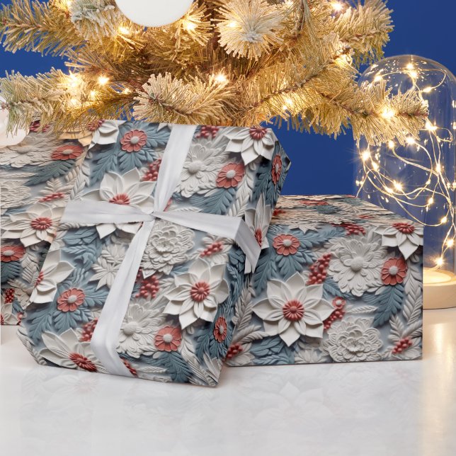 Papier Cadeau Belles Poinsettias 3D Blancs et Bleus (Vacances)