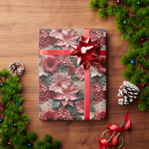 Papier Cadeau Belles Poinsettias 3D rose et rouge