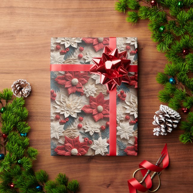 Papier Cadeau Belles Poinsettias 3D Rouge et Blanc (Cadeau de vacances)