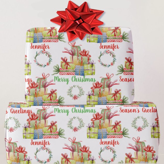 Papier Cadeau Bénéficiaires Nom Aquarelle de Noël des cadeaux (Créateur téléchargé)
