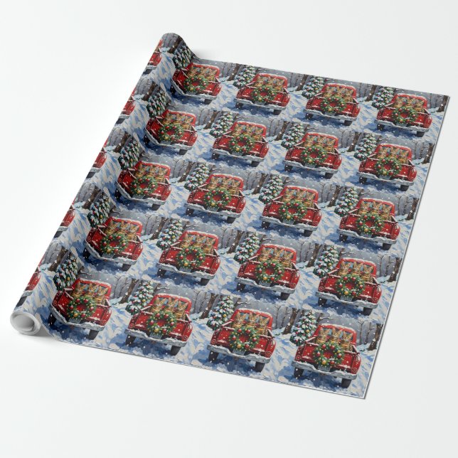 Papier Cadeau Bengal Cat Christmas Red Truck Holiday (Déroulé)