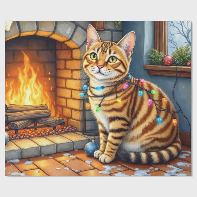Papier Cadeau Bengal Cat Fireplace with Christmas Lights (Plat)