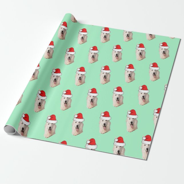 Papier Cadeau Berger allemand blanc avec chapeau de Père Noël (Déroulé)
