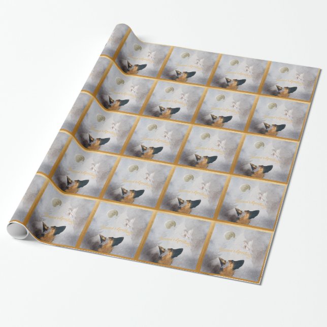 Papier Cadeau Berger allemand hiver Aquarelle de vacances Or (Déroulé)