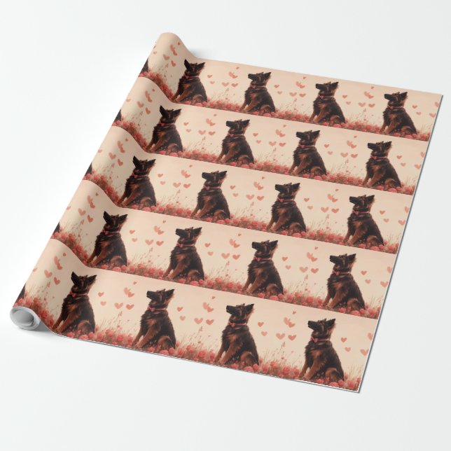 Papier Cadeau Berger anatolien avec Rose - Saint-Valentin (Déroulé)