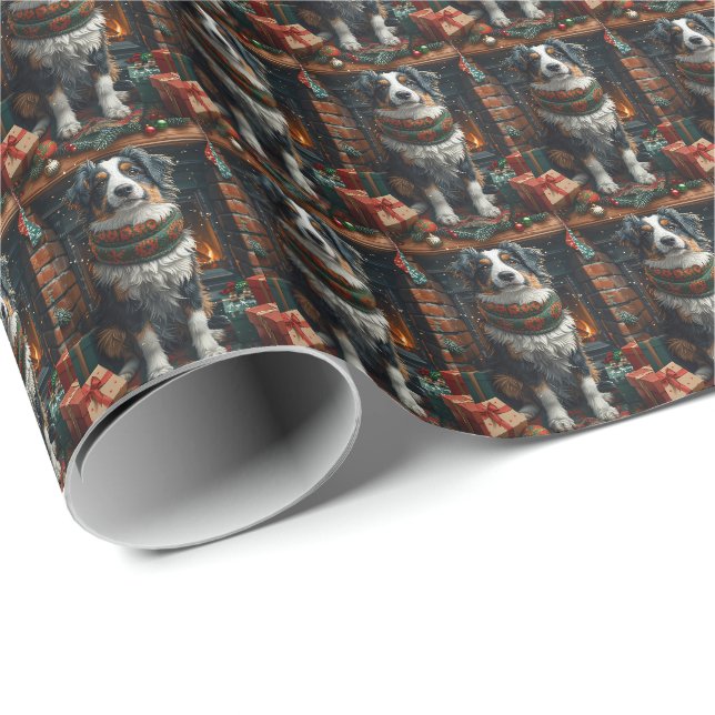 Papier Cadeau Berger australien avec cheminée de cadeaux de Noël (Coin rond)