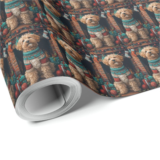Papier Cadeau Bernedoodle chien avec les cadeaux de Noël cheminé (Coin rond)