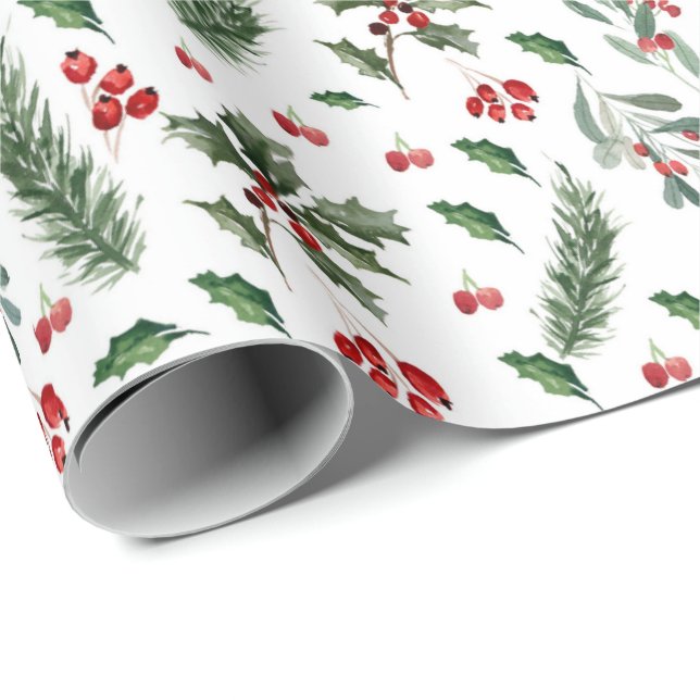 Papier Cadeau Berries de Noël et Motif Feuille vert (Coin rond)