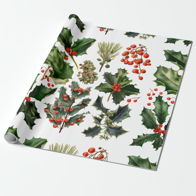 Papier Cadeau Berries de Noël Holly Feuilles. Berries de Noël (Déroulé)