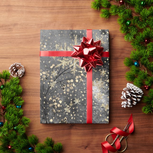 Papier Cadeau Berries d'or et flocons d'hiver (Cadeau de vacances)