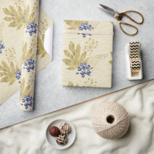 Papier Cadeau Berries pourpres et Feuilles d'or sur jaune pâle