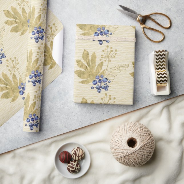 Papier Cadeau Berries pourpres et Feuilles d'or sur jaune pâle (Artisanat)