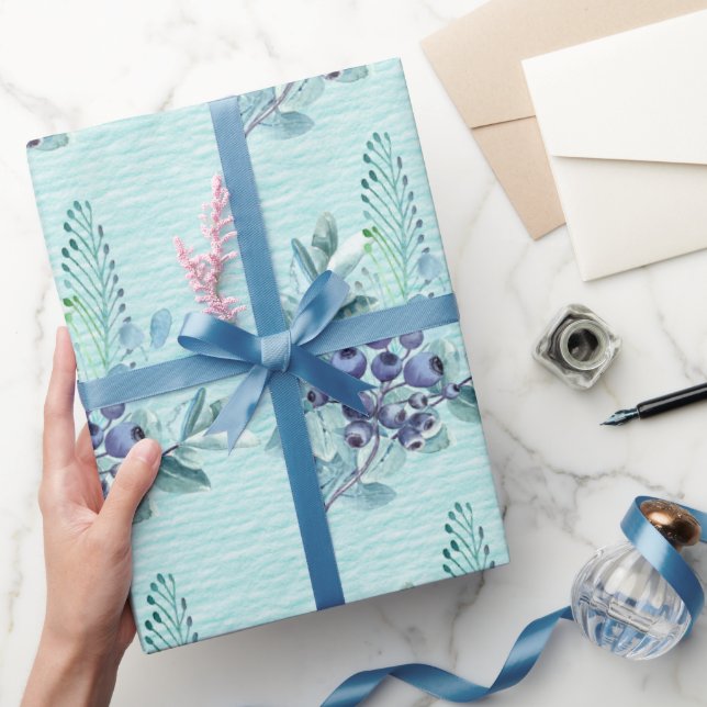 Papier Cadeau Berries pourpres et plumes bleues sur Turquoise pr (Cadeaux)