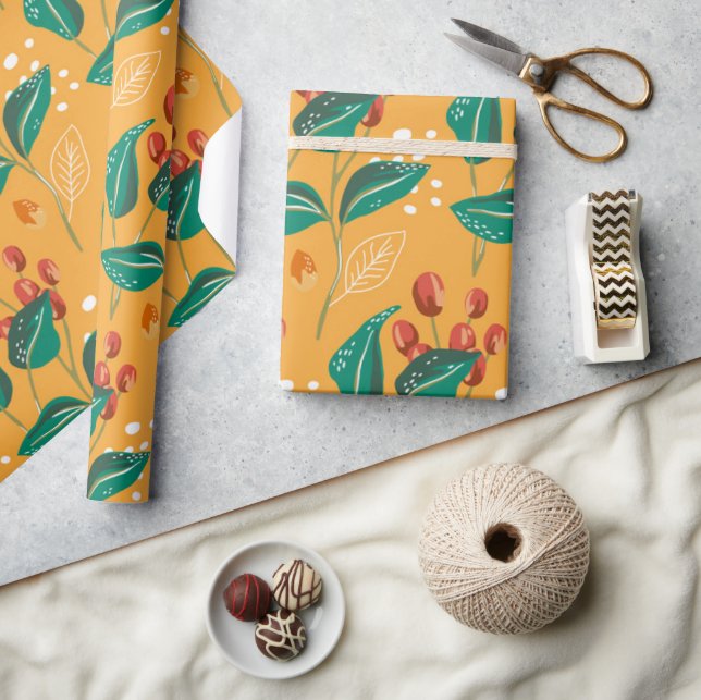 Papier Cadeau Berry rouge et feuilles verts sur motif jaune (Artisanat)
