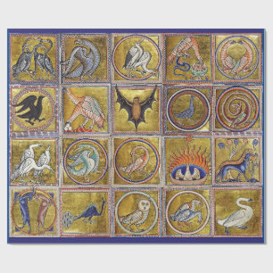 PAPIER CADEAU BESTIAIRE MÉDIÉVAL, ANIMAUX FANTASTIQUES, ROUGE D'