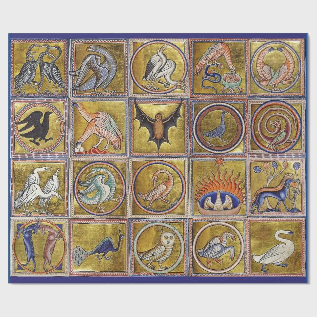 PAPIER CADEAU BESTIAIRE MÉDIÉVAL, ANIMAUX FANTASTIQUES, ROUGE D' (Plat)