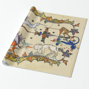 PAPIER CADEAU BESTIAIRE MÉDIÉVAL LARGE, UNICORN COMBATTRE LUNETT