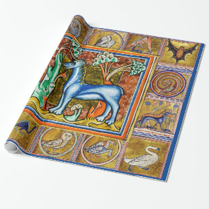PAPIER CADEAU BESTIAIRE MÉDIÉVAL, UNICORNE, ANIMAUX FANTASTIQUES