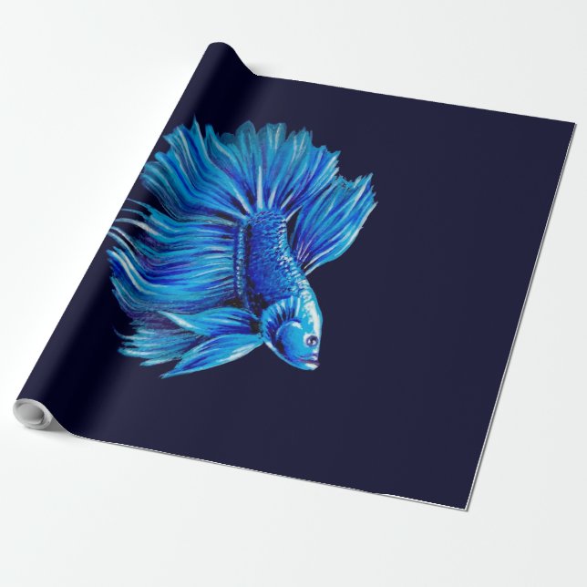 Papier Cadeau Bêta bleu poisson dans la marine |Aquarium Lover (Déroulé)