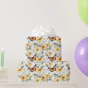 Papier Cadeau Beurre de monarque orange Jaune Vert Floral
