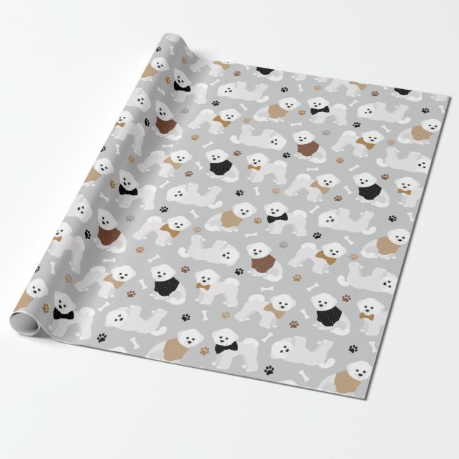 Papier Cadeau Bichon Frise Bones and Paws Grey (Déroulé)