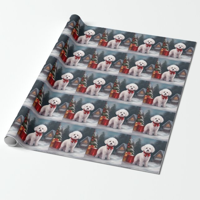 Papier Cadeau Bichon Frise Dog à Noël de neige (Déroulé)
