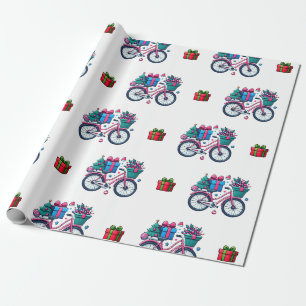 Papier Cadeau Bicyclettes de Noël Vacances Pink Bleu Cadeau