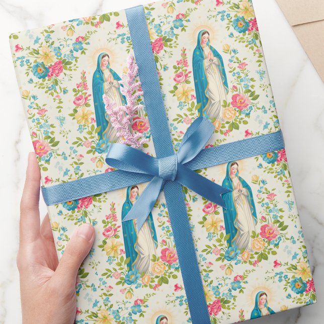 Papier Cadeau Bienheureuse Mère Marie Florale priant le Saint Ro (Créateur téléchargé)