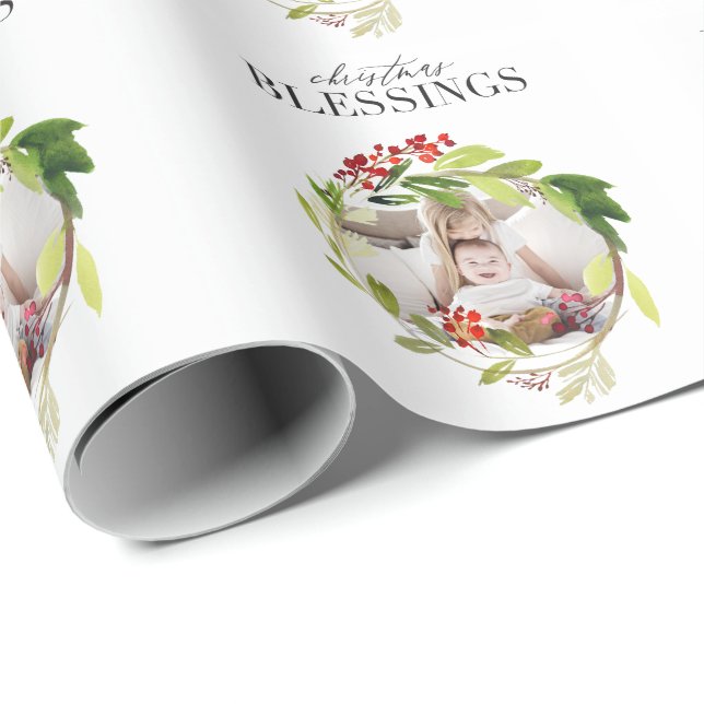 Papier Cadeau Bienheureux de Noël aquarelle photo feuillage (Coin rond)
