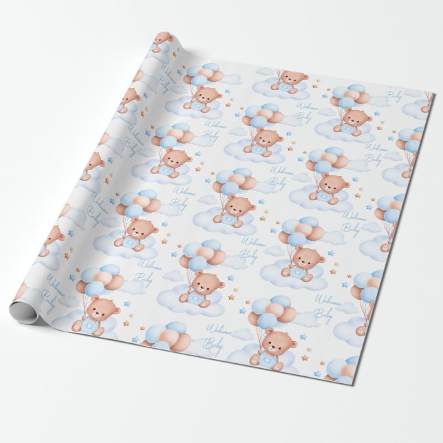 Papier Cadeau Bienvenue bébé ours en peluche sur le baby shower  (Déroulé)