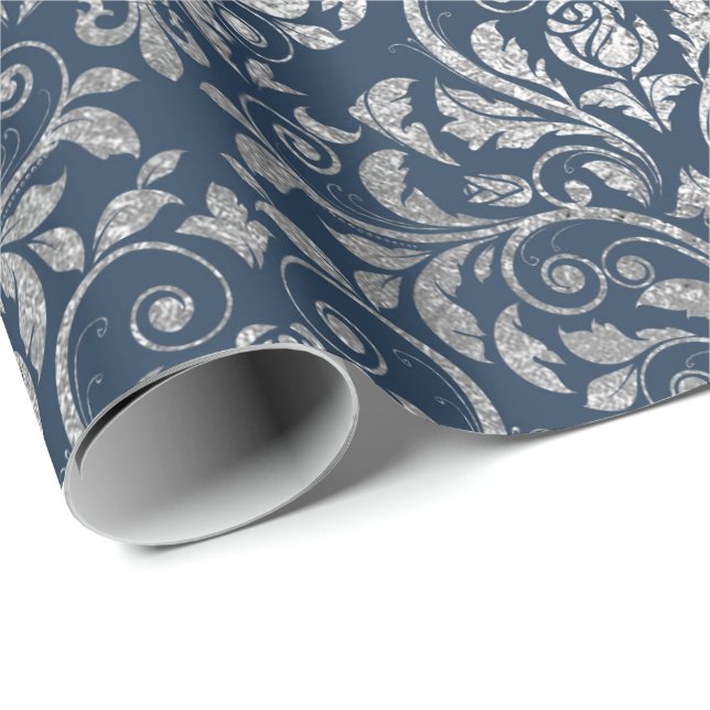 Papier Cadeau Bijoux Ornament Royal Damask Blue Navy Argent (Coin rond)