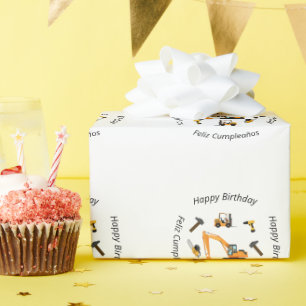 Papier Cadeau Bilingue White Construction Boy Anniversaire