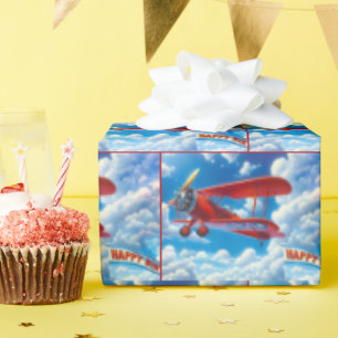 Papier Cadeau Biplane vintage avec bannière Anniversaire