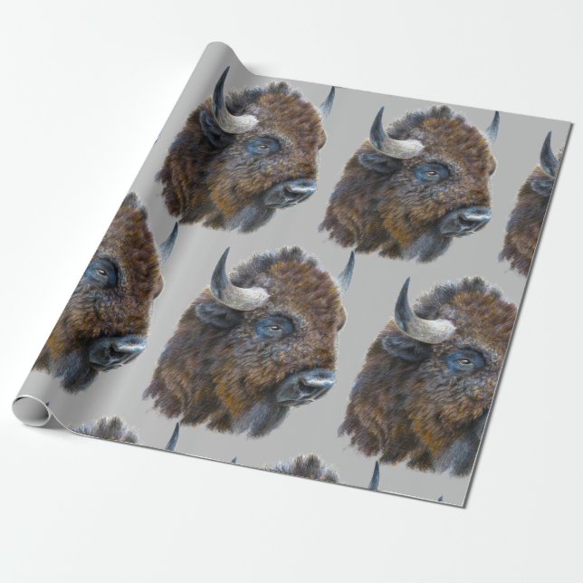 Papier Cadeau Bison Buffalo Aquarelle Animal Nature Motif Art (Déroulé)