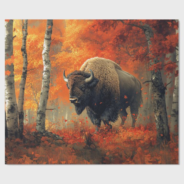 Papier Cadeau Bison dans l'artisanat boisé d'automne (Plat)