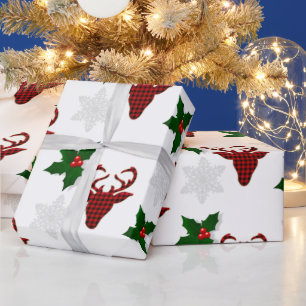 Papier Cadeau Bison rouge rustique Plaid Deer Snowflake et Holly