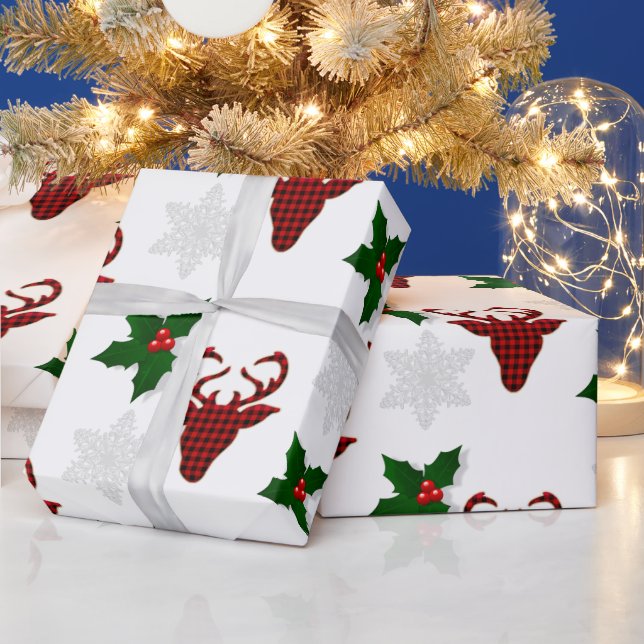 Papier Cadeau Bison rouge rustique Plaid Deer Snowflake et Holly (Vacances)